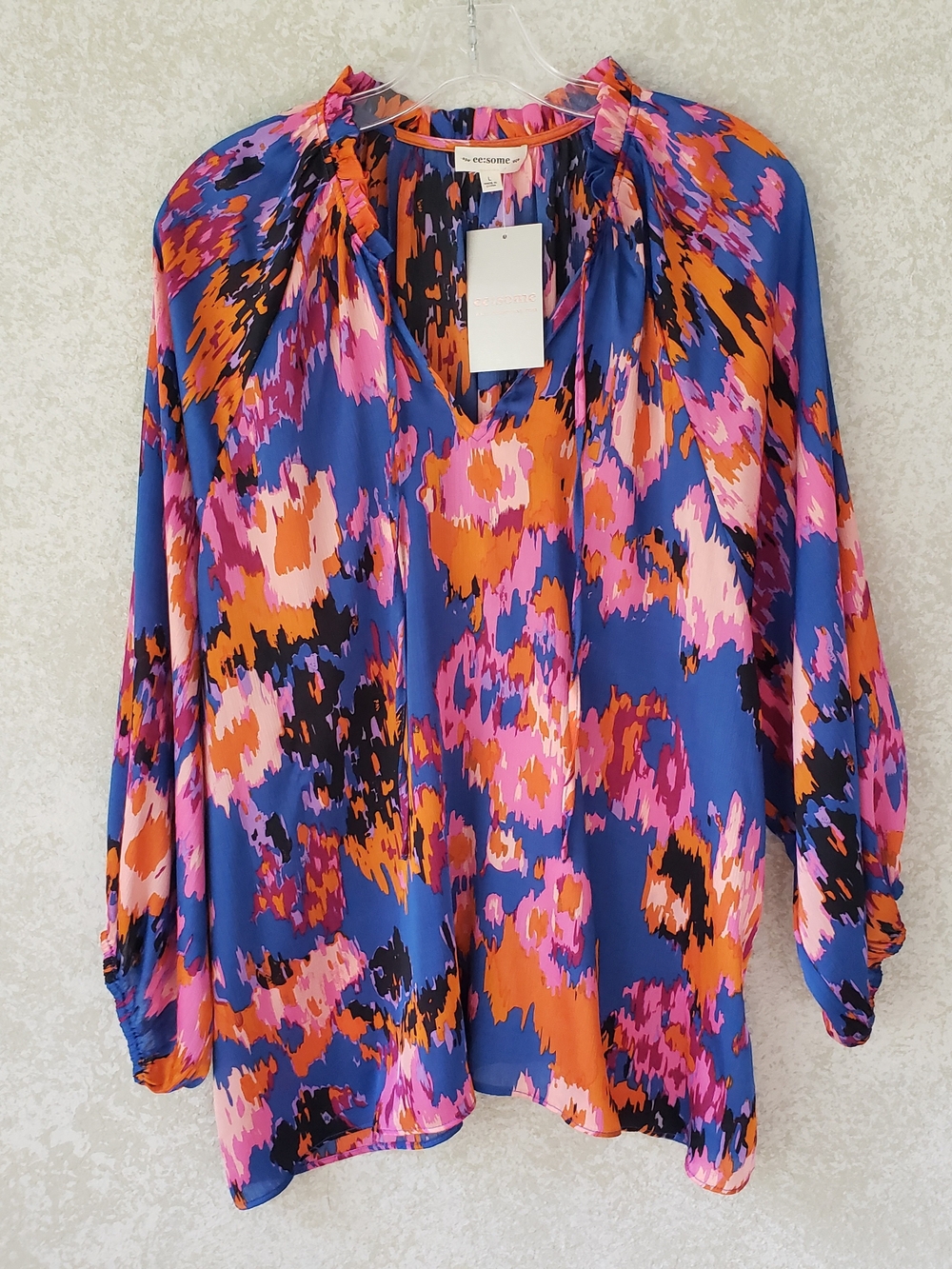 eesome Blue Pink Orange Abstract V-Neck Long Sleeve Blouse